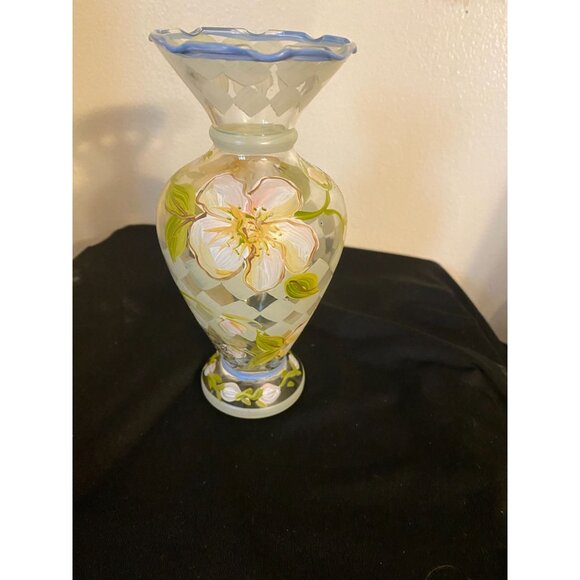 Tracy Porter Hand Painted Vase | Whimsical Floral Glass Trumpet Vase | Checkerbo - Picture 2 of 5